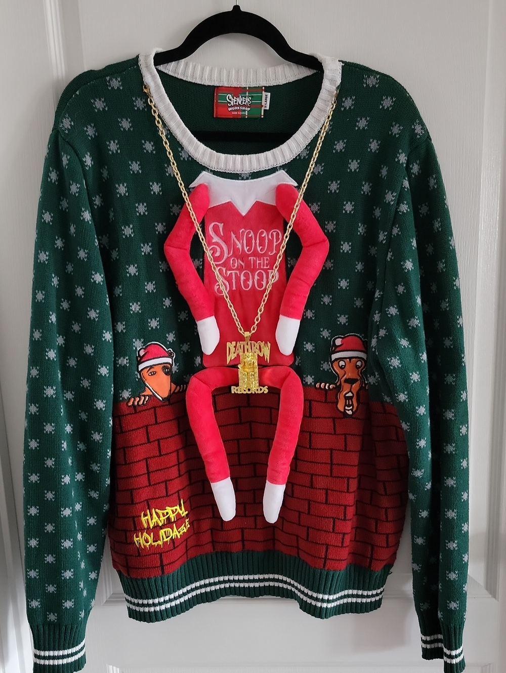 Spencer's Green Crewneck Sweater with Red Plush Elf and Brown Brick Graphic